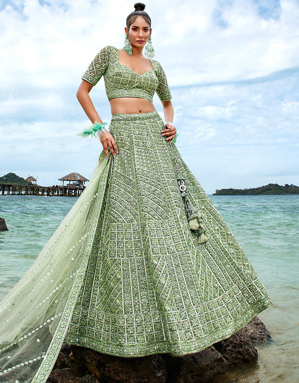 Designer Wedding Wear Heavy Net Lehenga Choli Collection Green Net Lehenga Choli Front View