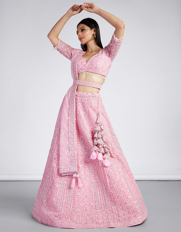 Designer Wedding Wear Heavy Net Lehenga Choli Collection Pink Net Lehenga Choli Front View