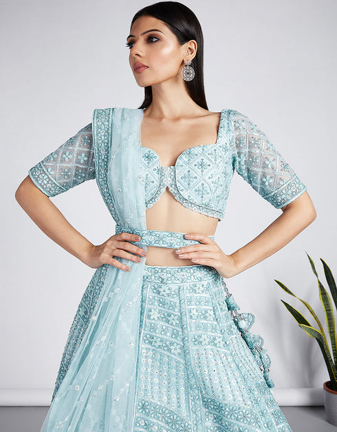 Designer Wedding Wear Heavy Net Lehenga Choli Collection Turquoise Net Lehenga Choli Back View