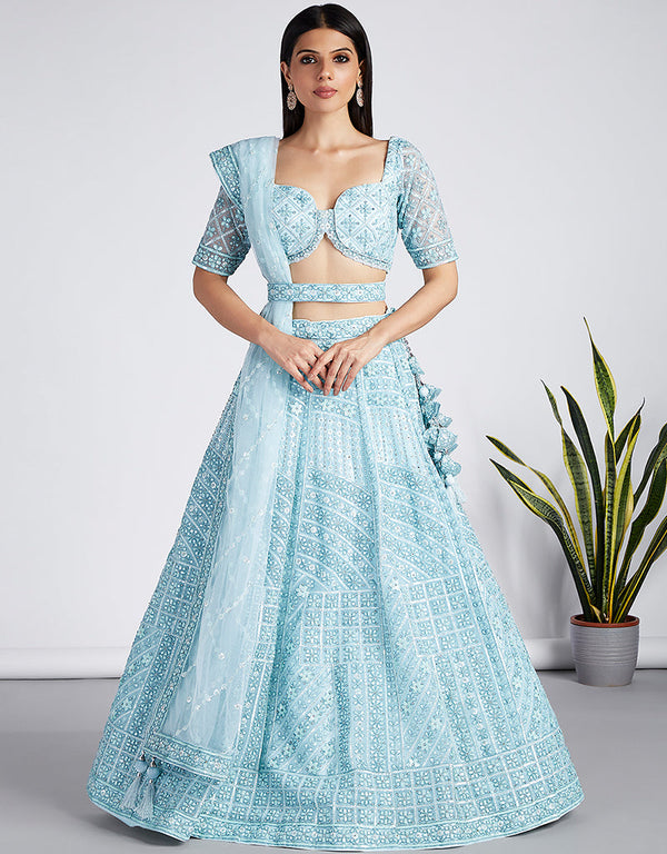 Designer Wedding Wear Heavy Net Lehenga Choli Collection Turquoise Net Lehenga Choli Front View
