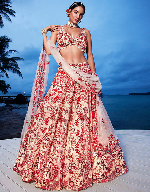 Designer Wedding Wear Heavy Net Lehenga Choli Collection Peach Net Lehenga Choli Close-up View