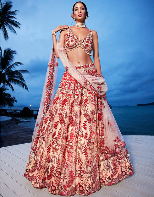 Designer Wedding Wear Heavy Net Lehenga Choli Collection Peach Net Lehenga Choli Front View
