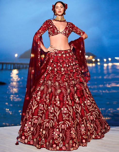 Designer Wedding Wear Heavy Net Lehenga Choli Collection Red Net Lehenga Choli Back View