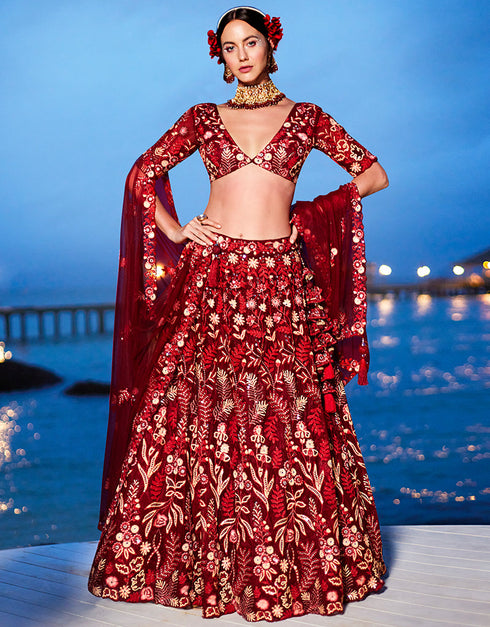 Designer Wedding Wear Heavy Net Lehenga Choli Collection Red Net Lehenga Choli Front View