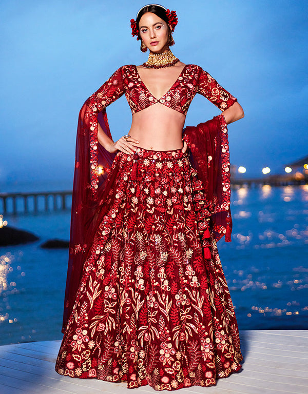 Designer Wedding Wear Heavy Net Lehenga Choli Collection Red Net Lehenga Choli Front View