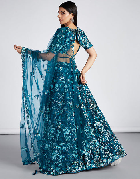 Designer Wedding Wear Heavy Net Lehenga Choli Collection Teal Net Lehenga Choli Close-up View