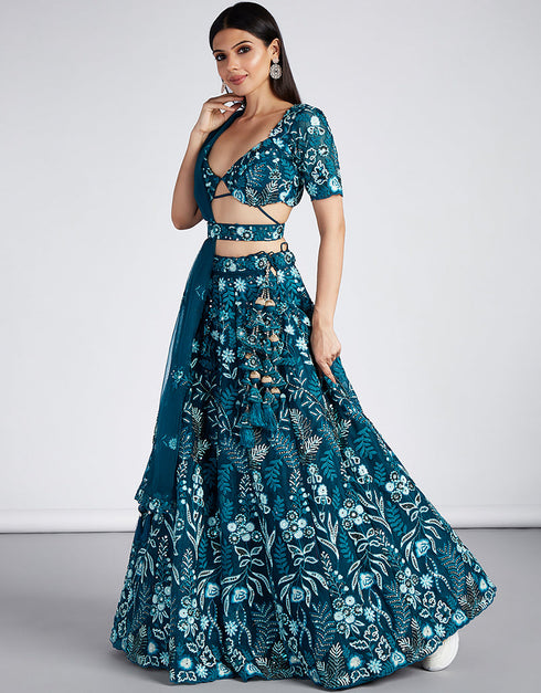 Designer Wedding Wear Heavy Net Lehenga Choli Collection Teal Net Lehenga Choli Back View