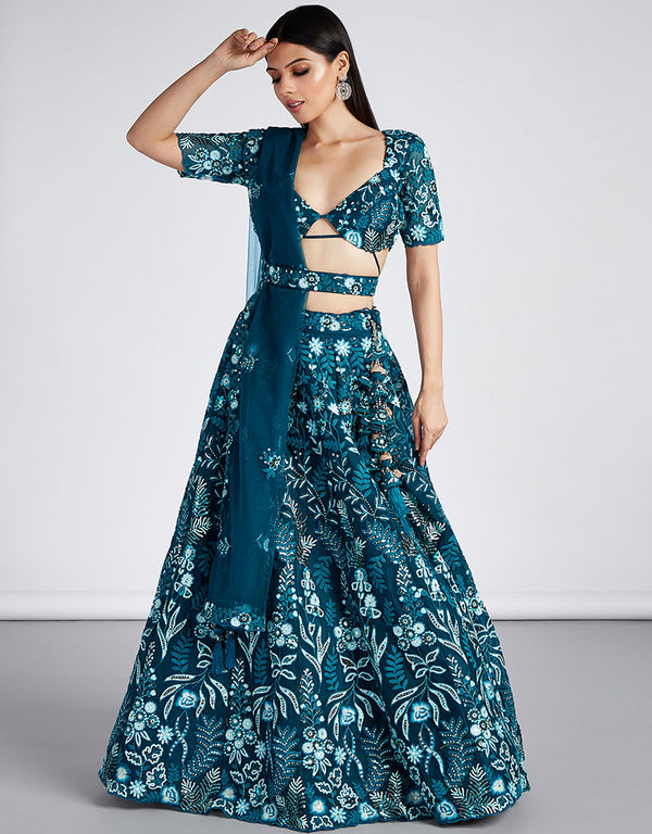 Designer Wedding Wear Heavy Net Lehenga Choli Collection Teal Net Lehenga Choli Front View