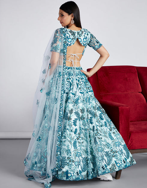 Designer Wedding Wear Heavy Net Lehenga Choli Collection Turquoise Net Lehenga Choli Close-up View
