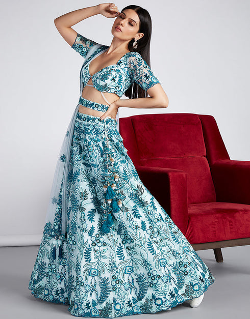 Designer Wedding Wear Heavy Net Lehenga Choli Collection Turquoise Net Lehenga Choli Back View