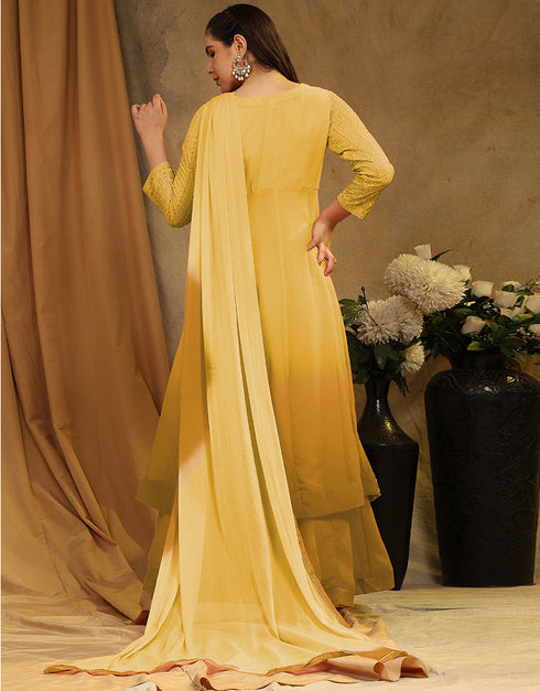 Traditional Function Wear Faux Georgette Suit Collection Yellow Faux Georgette Sharara Straight Close-up View