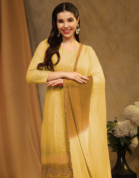 Traditional Function Wear Faux Georgette Suit Collection Yellow Faux Georgette Sharara Straight Back View