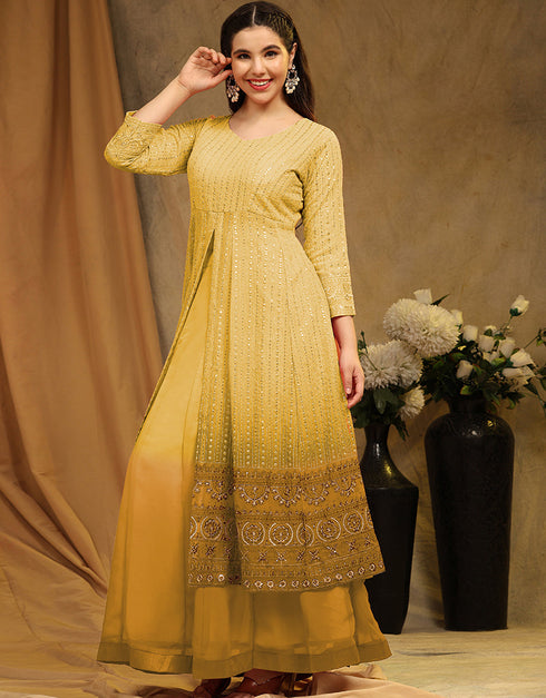 Traditional Function Wear Faux Georgette Suit Collection Yellow Faux Georgette Sharara Straight Front View