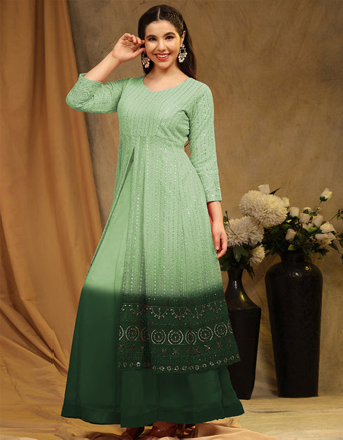 Traditional Function Wear Faux Georgette Suit Collection Green Faux Georgette Sharara Straight Front View