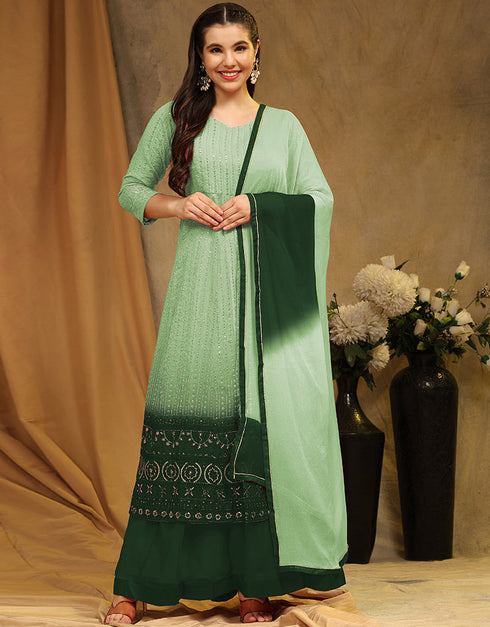 Traditional Function Wear Faux Georgette Suit Collection Green Faux Georgette Sharara Straight Front View