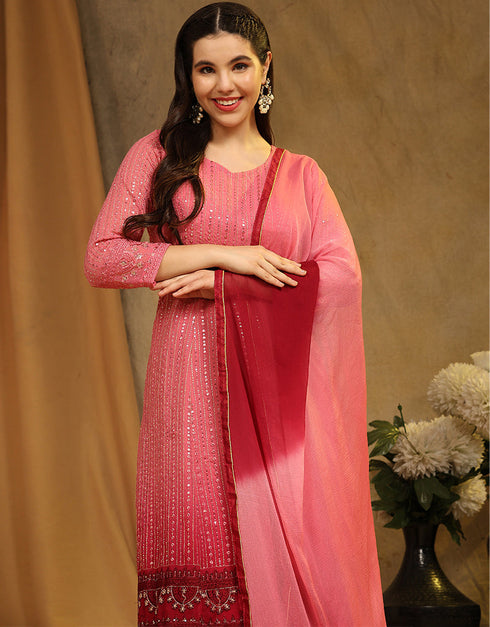 Traditional Function Wear Faux Georgette Suit Collection Pink Faux Georgette Sharara Straight Back View