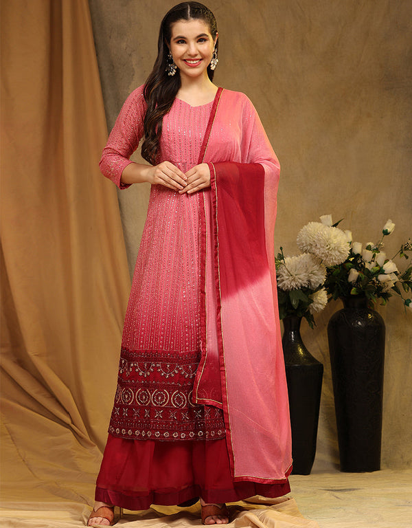 Traditional Function Wear Faux Georgette Suit Collection Pink Faux Georgette Sharara Straight Front View