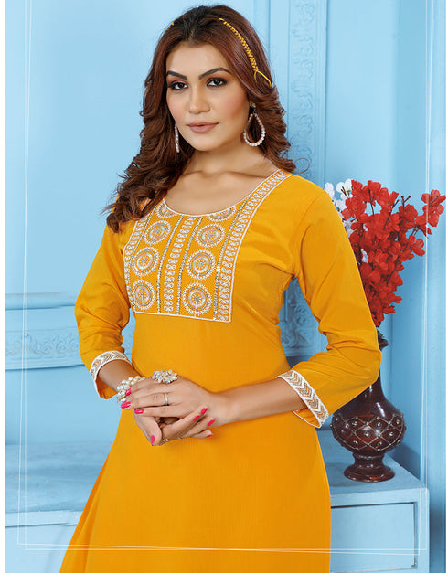 Designer Party Wear Readymade Salwar Suit Yellow Rinkal Cotton Pant Straight Close-up View