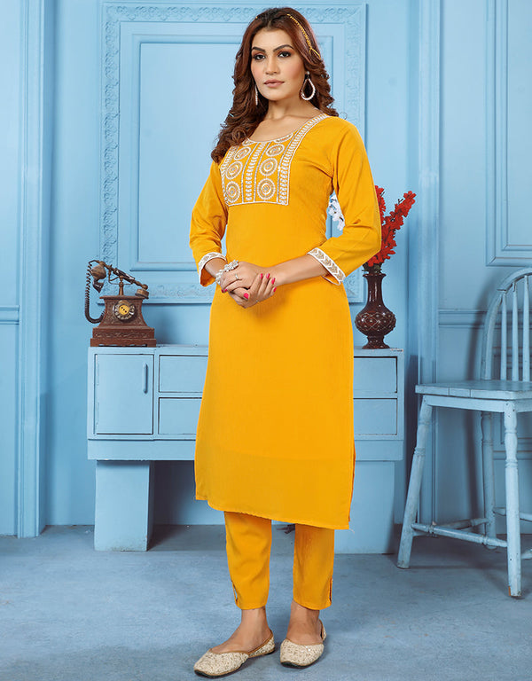 Designer Party Wear Readymade Salwar Suit Yellow Rinkal Cotton Pant Straight Front View