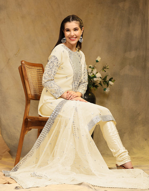 Heavy Designer Wedding Wear Georgette Salwar Suit Yellow Faux Georgette Pant Straight Front View