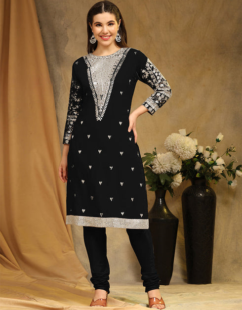 Heavy Designer Wedding Wear Georgette Salwar Suit Black Faux Georgette Pant Straight Back View