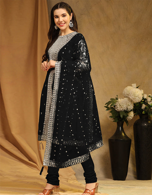 Heavy Designer Wedding Wear Georgette Salwar Suit Black Faux Georgette Pant Straight Front View