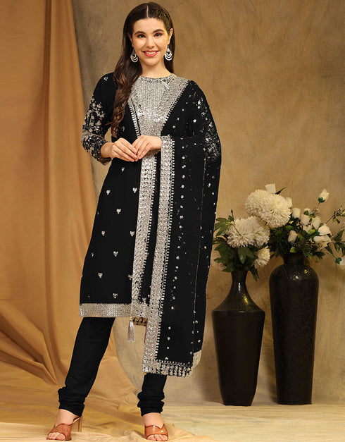 Heavy Designer Wedding Wear Georgette Salwar Suit Black Faux Georgette Pant Straight Front View