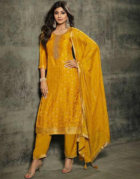 Heavy Designer Wedding Wear Jacquard Silk Salwar Suit Yellow Jacquard Silk Pant Straight Front View