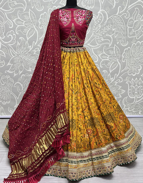 Heavy Designer Wedding Wear Silk Lehenga Choli Maroon Silk Lehenga Choli Front View