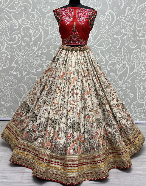 Heavy Designer Wedding Wear Silk Lehenga Choli Red Silk Lehenga Choli Close-up View