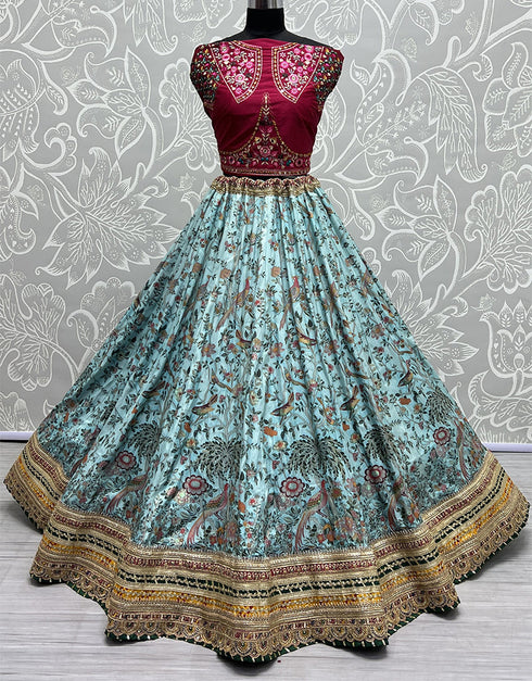 Heavy Designer Wedding Wear Silk Lehenga Choli Maroon Silk Lehenga Choli Close-up View