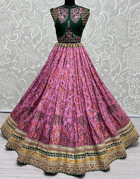 Heavy Designer Wedding Wear Silk Lehenga Choli Green Silk Lehenga Choli Close-up View
