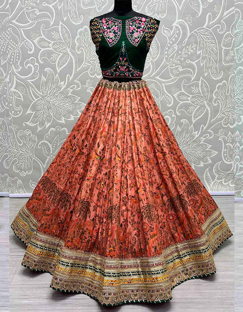 Heavy Designer Wedding Wear Silk Lehenga Choli Green Silk Lehenga Choli Close-up View