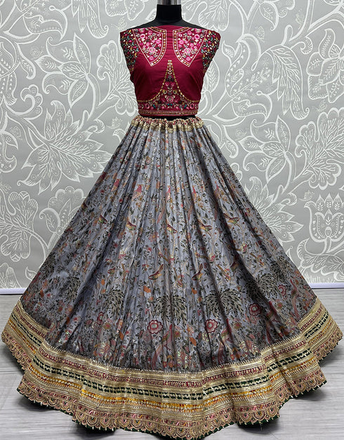 Heavy Designer Wedding Wear Silk Lehenga Choli Maroon Silk Lehenga Choli Close-up View