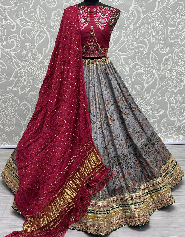 Heavy Designer Wedding Wear Silk Lehenga Choli Maroon Silk Lehenga Choli Front View
