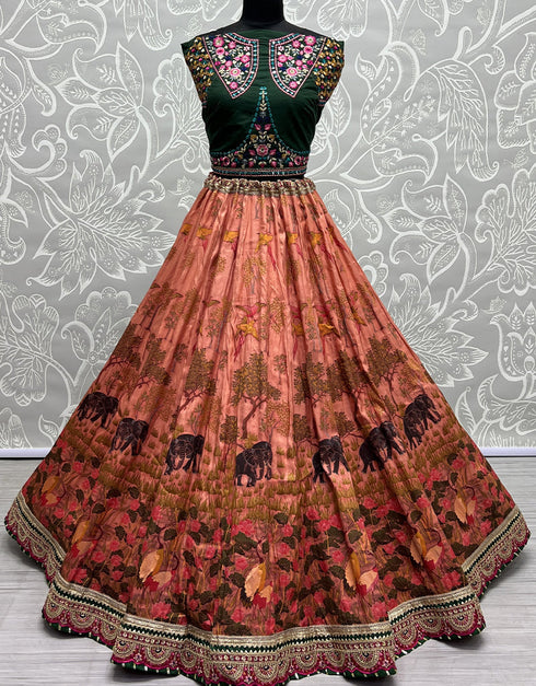 Heavy Designer Wedding Wear Silk Lehenga Choli Green Silk Lehenga Choli Close-up View