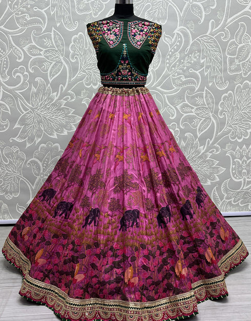 Heavy Designer Wedding Wear Silk Lehenga Choli Green Silk Lehenga Choli Close-up View