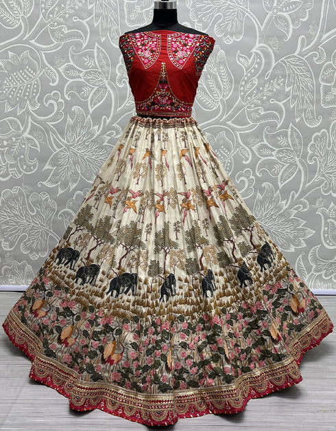 Heavy Designer Wedding Wear Silk Lehenga Choli Red Silk Lehenga Choli Close-up View
