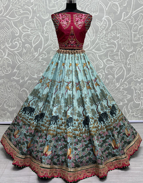 Heavy Designer Wedding Wear Silk Lehenga Choli Burgundy Silk Lehenga Choli Close-up View