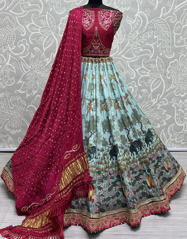 Heavy Designer Wedding Wear Silk Lehenga Choli Burgundy Silk Lehenga Choli Front View