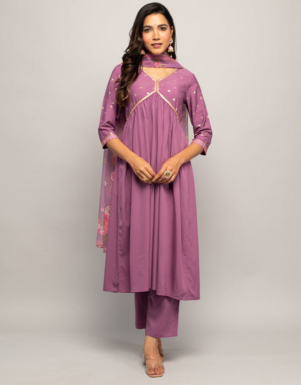 Trendy Designer Party Wear Readymade Salwar Suit Purple Crepe Pant Straight Front View