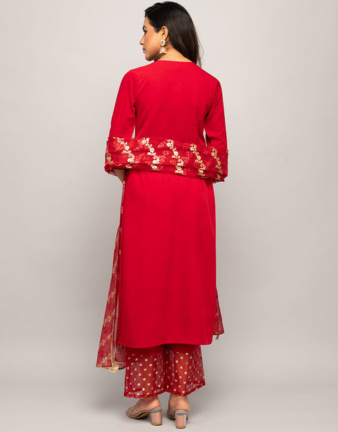 Trendy Designer Party Wear Readymade Salwar Suit Red Crepe Pant Straight Close-up View