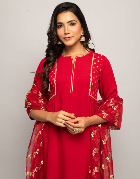 Trendy Designer Party Wear Readymade Salwar Suit Red Crepe Pant Straight Back View