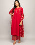 Trendy Designer Party Wear Readymade Salwar Suit Red Crepe Pant Straight Front View