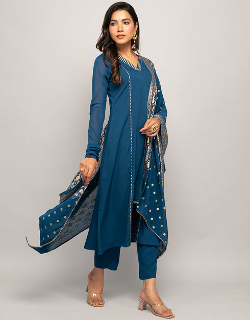 Trendy Designer Party Wear Readymade Salwar Suit Teal Blue Crepe Pant Straight Side View