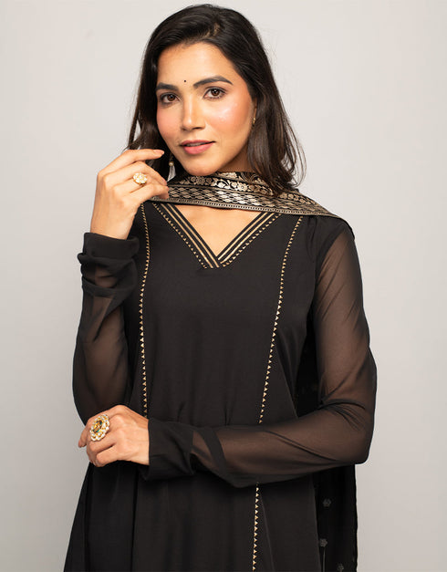 Trendy Designer Party Wear Readymade Salwar Suit Black Crepe Pant Straight Back View