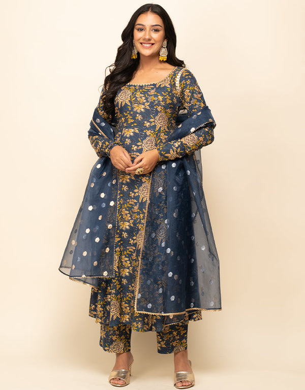 Trendy Designer Party Wear Readymade Salwar Suit Blue Cotton Pant Straight Front View