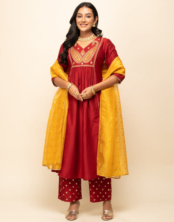 Trendy Designer Party Wear Readymade Salwar Suit Red Silk Blend Pant Straight Front View