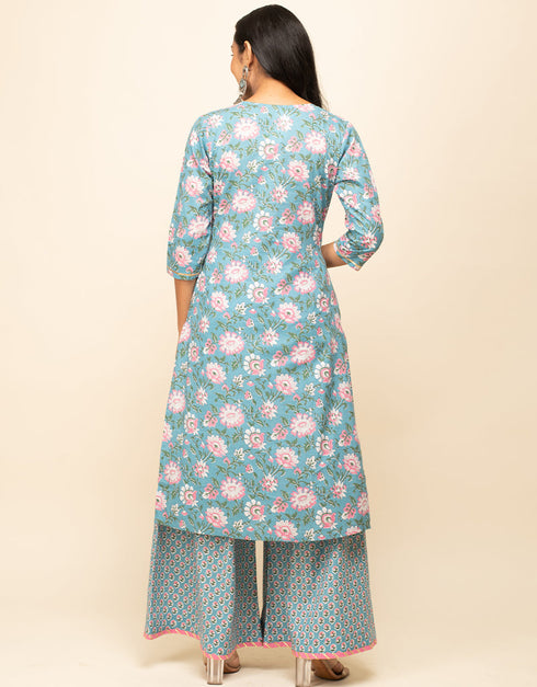 Trendy Designer Party Wear Readymade Salwar Suit Grey Cotton Palazzo Suit Close-up View