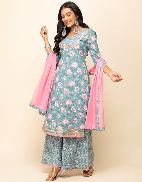 Trendy Designer Party Wear Readymade Salwar Suit Grey Cotton Palazzo Suit Side View